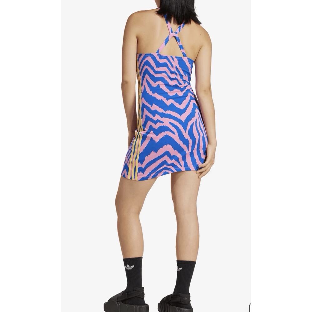 Adidas Farm Rio Dress Womens XS Pink Blue Tropical Print Athletic Midi NWT - Picture 2 of 6